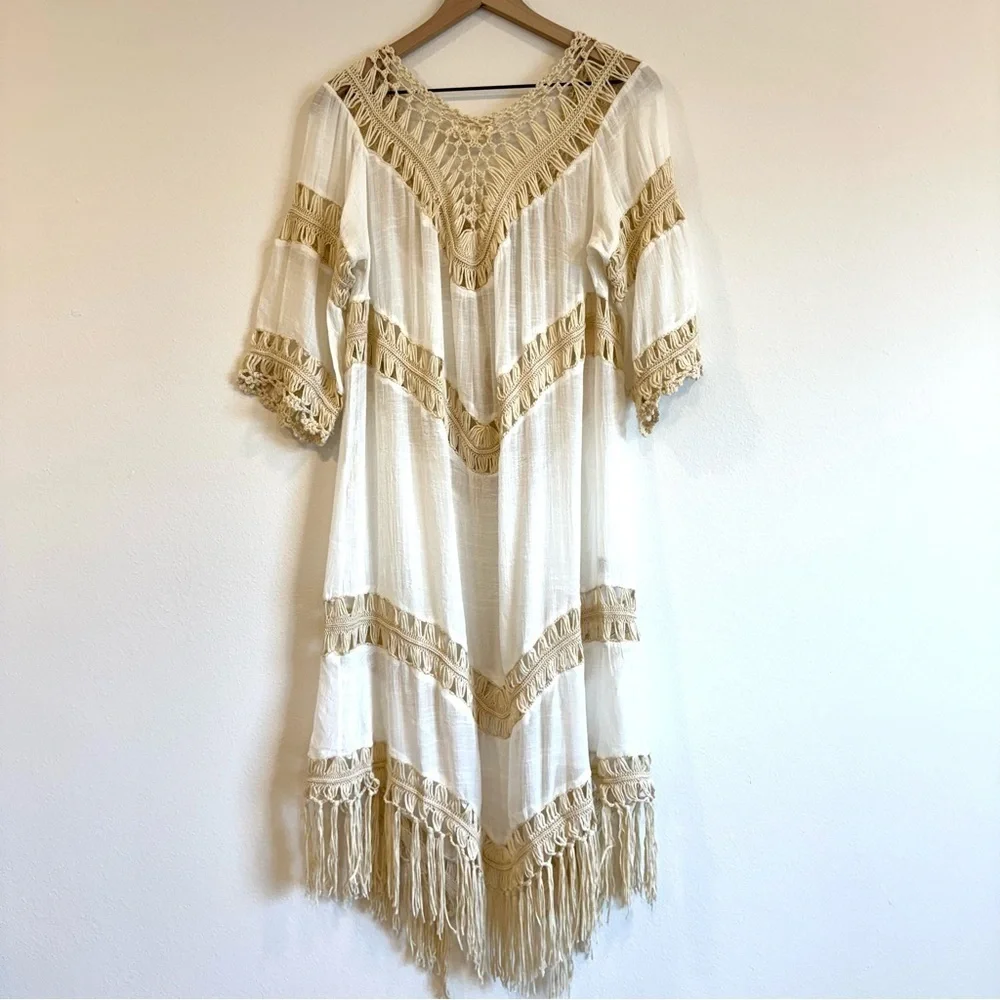 Dreamers Boho Crochet Fringe Longline Duster Cardigan Kimono Festival Beach M - Picture 2 of 8